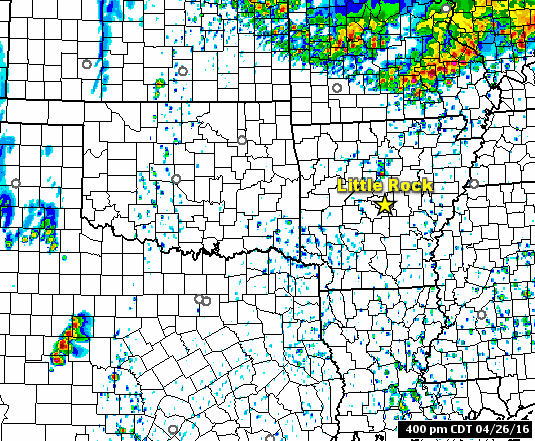 The simulated radar showed showers and thunderstorms building into Arkansas from the north and west in the twelve hour period ending at 400 am CDT on 04/27/2016.