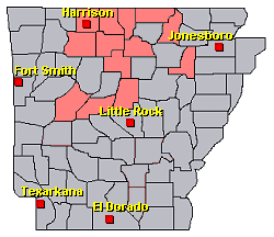 Preliminary reports of wintry precipitation in the Little Rock County Warning Area on January 26-27, 2009 (in red).