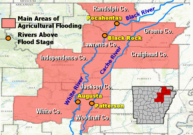 Portions of the Black, Cache and lower White Rivers were above flood stage at several forecast points on 08/19/2016. Widespread agricultural flooding was expected in areas surrounding the rivers.