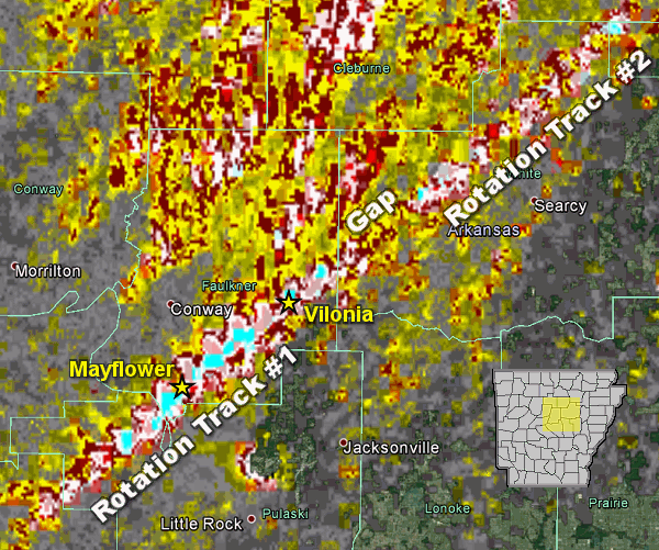 Rotation associated with the parent storm on 04/27/2014 was persistent for roughly 40 miles (Rotation Track #1) before weakening (where the gap is indicated).