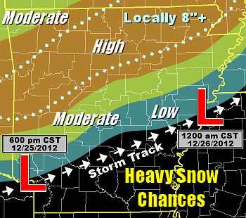 At one point (as late as 12/24/2012), the axis of heavy snow (at least 4 inches in 12 hours or 6 inches in 24 hours) was expected to be over northern Arkansas.