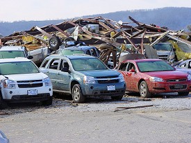 A car dealership was destroyed.