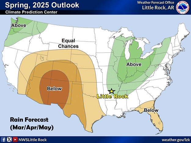 The spring outlook from the Climate Prediction Center is leaning toward wetter than normal conditions from the Ohio Valley into Arkansas, and in the Pacific Northwest. Drier than normal conditions are projected from the central/southern Rockies into the central/southern Plains, and in Florida.