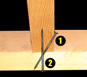 Toenailing (1), or driving nails in at an angle to fasten boards, would be viewed as typical construction.