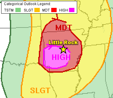 The Day 1 categorical outlook for 04/27/2014 called for a moderate to high risk of severe weather over much of Arkansas.