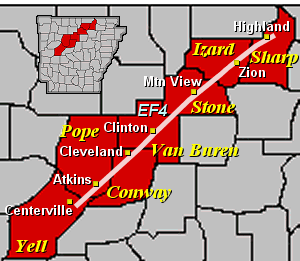 A tornado rated EF4 tracked through portions of Yell, Pope, Conway, Van Buren, Stone, Izard and Sharp Counties on 02/05/2008.