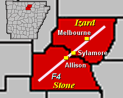 The Stone-Izard County Tornado tracked 40 miles through rugged terrain on 04/14/1996.