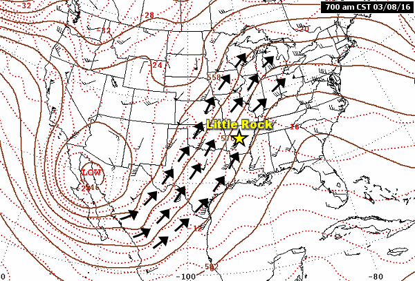 A storm system ("Low") wobbled toward Arkansas from the southwest in the forty eight hour period ending at 700 am CST on 03/10/2016. High pressure ("High") over the southeast United States slowed the eastward progression of the system. Between these two features, a southerly flow pumped abundant moisture into the region from the Gulf of Mexico.