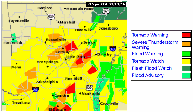 Numerous Severe Thunderstorm and Tornado Warnings were in effect at 715 pm CDT on 03/13/2016. Central and southern Arkansas were under a Tornado Watch.