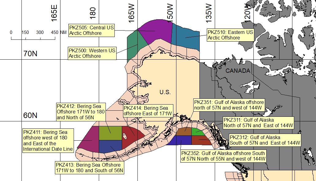 map showing offshore marine forecast zones around Alaska