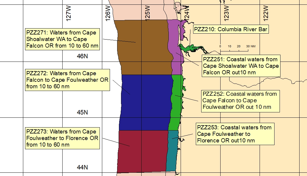 map showing marine forecast zones near Portland, OR