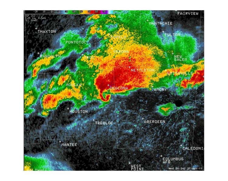 Tornado continues to the south of Okolona, MS.