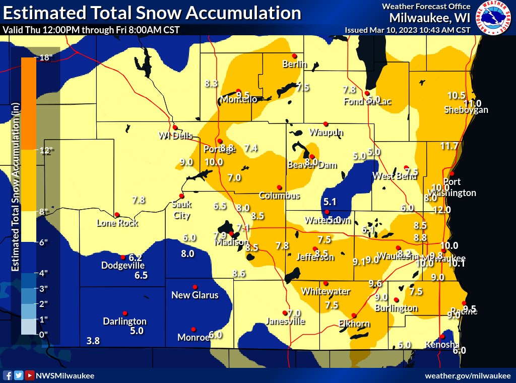 Storm Total Snowfall ranging from 6 to 12 inches across southern Wisconsin