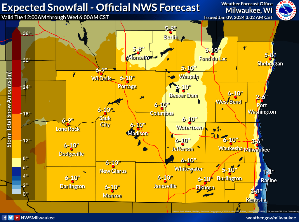 forecast snow amount issued 3AM Tue Jan 9