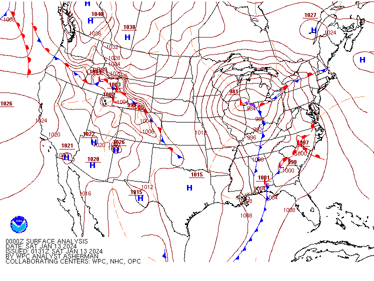 Surface Analysis Map at 00Z 13 Jan 2024