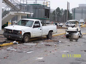 Damage behind visitor building at Ciba plant