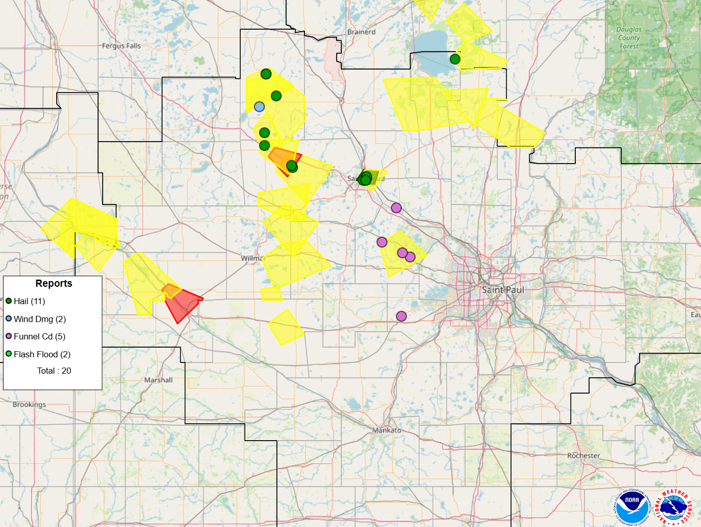 Storm reports and rainfall reports across central and southern Minnesota and western Wisconsin.