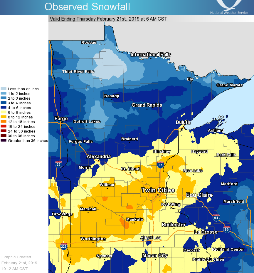 snowfall map from February 20, 2019