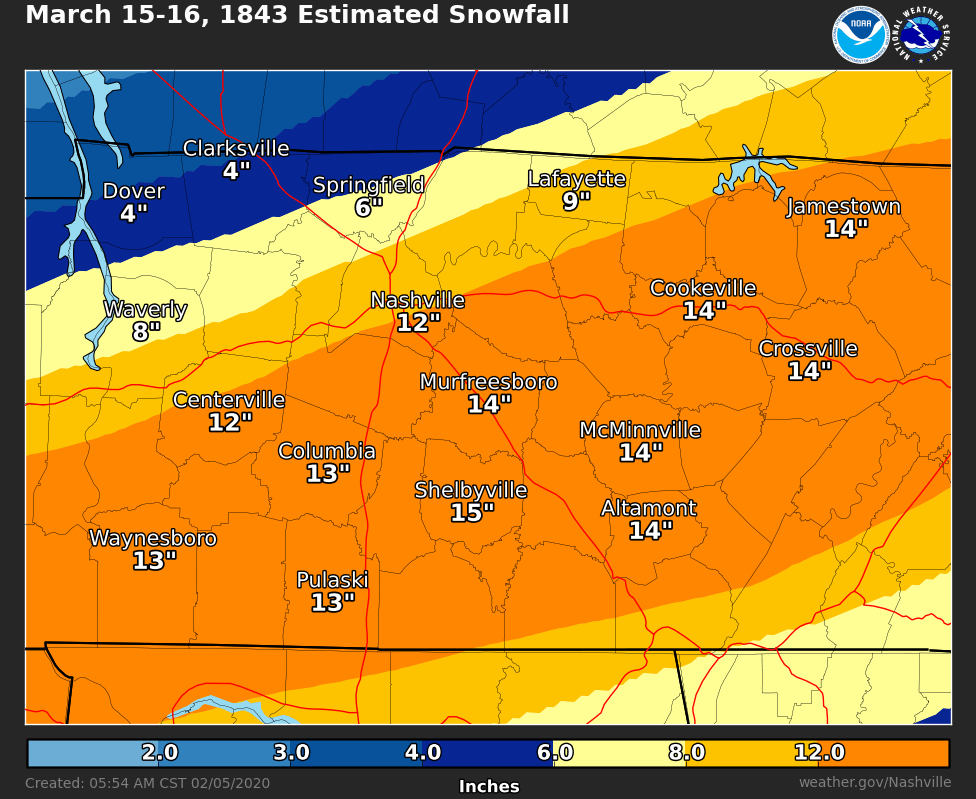 March 15-16, 1843 Estimated Snow Totals