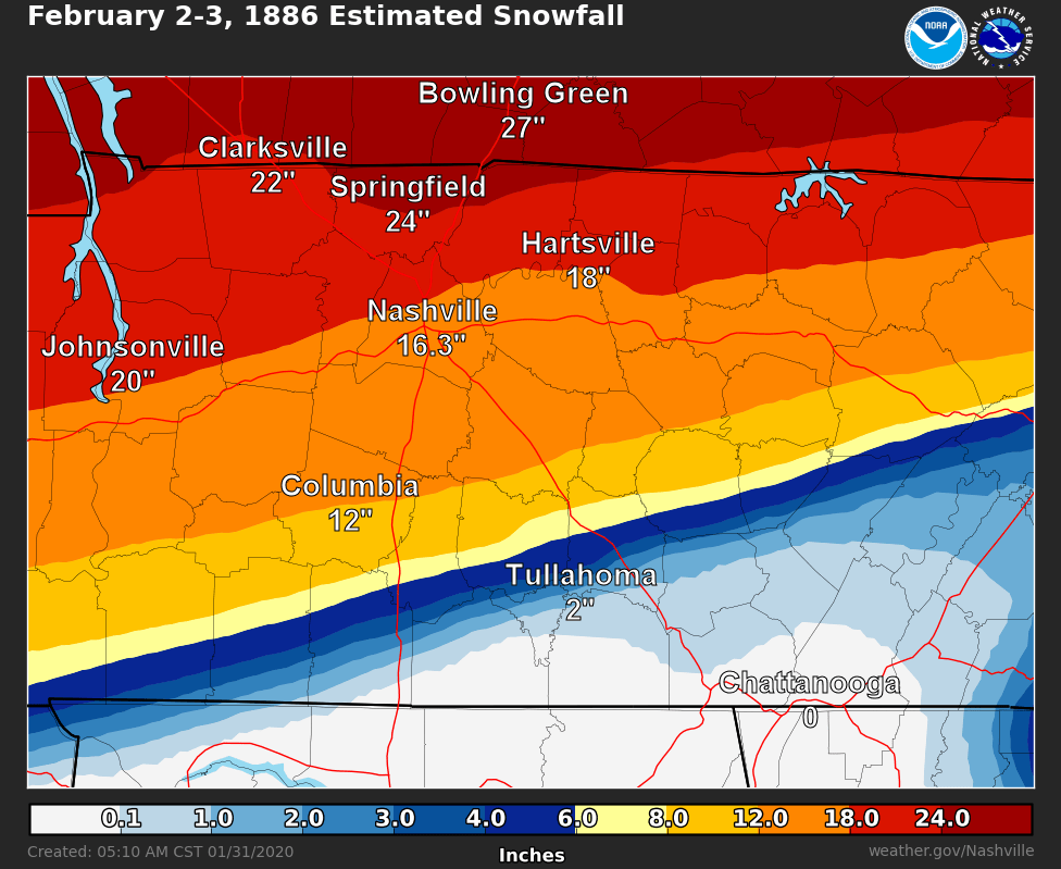 February 2-3, 1886 Estimated Snow Totals