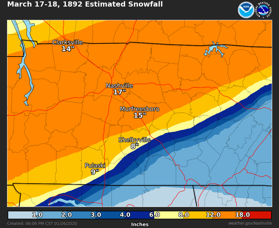 March 17-18, 1892 Estimated Snow Totals