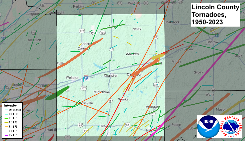 Tornado Track Map for Lincoln County, OK