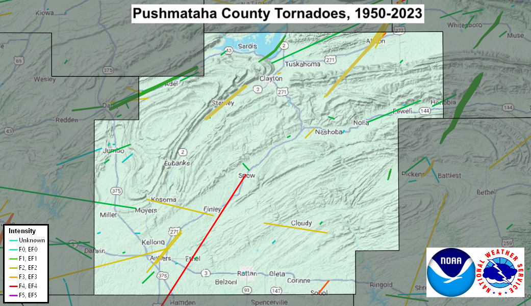 Tornado Track Map for Pushmataha County, OK