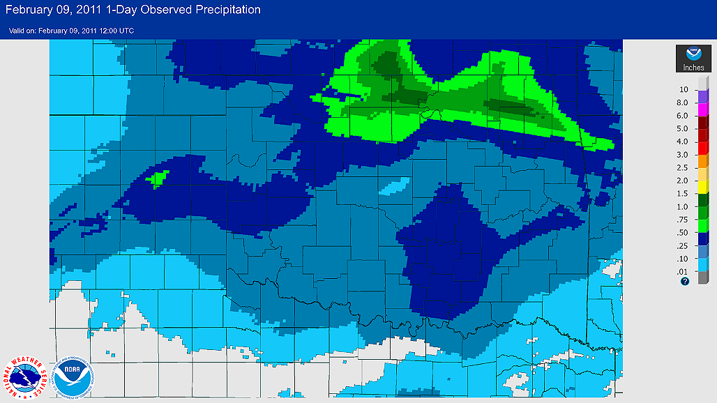 24-hour Precipitation Total ending at 6:00 AM CST on February 9, 2011 for the NWS Norman, Oklahoma Forecast Area