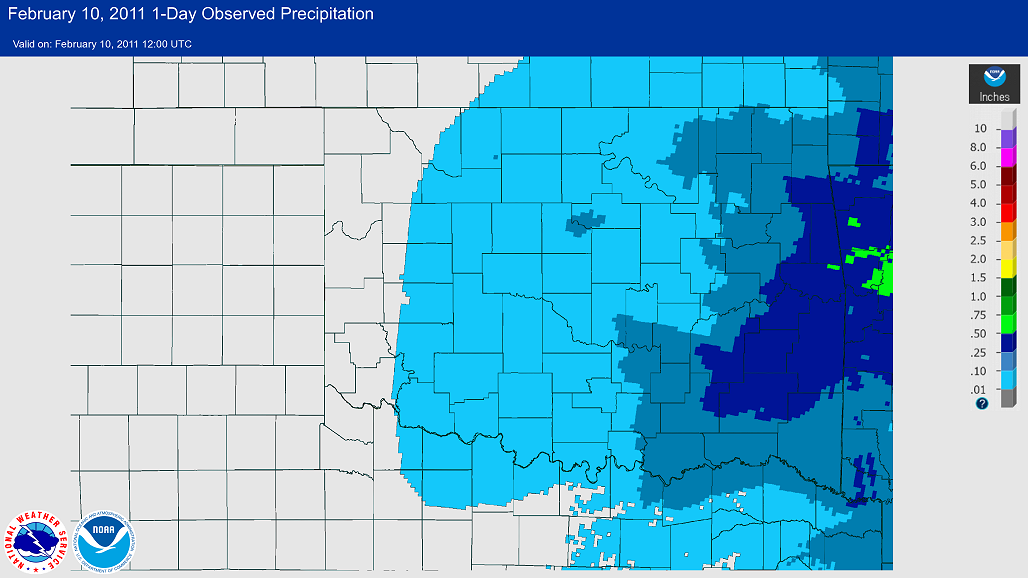 24-hour Precipitation Total ending at 6:00 AM CST on February 10, 2011 for the NWS Norman, Oklahoma Forecast Area