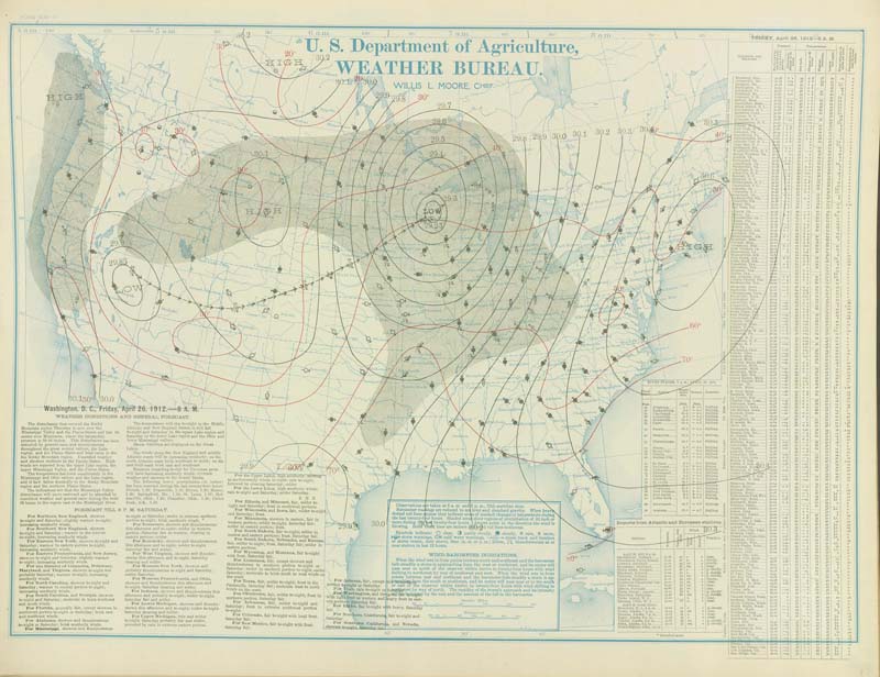 U.S. Weather Bureau Surface Analysis at 7:00 am CST (1300 UTC) on April 26, 1912.