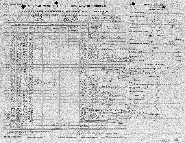 Monthly Cooperative Observer Form for Arnett, OK for April 1935