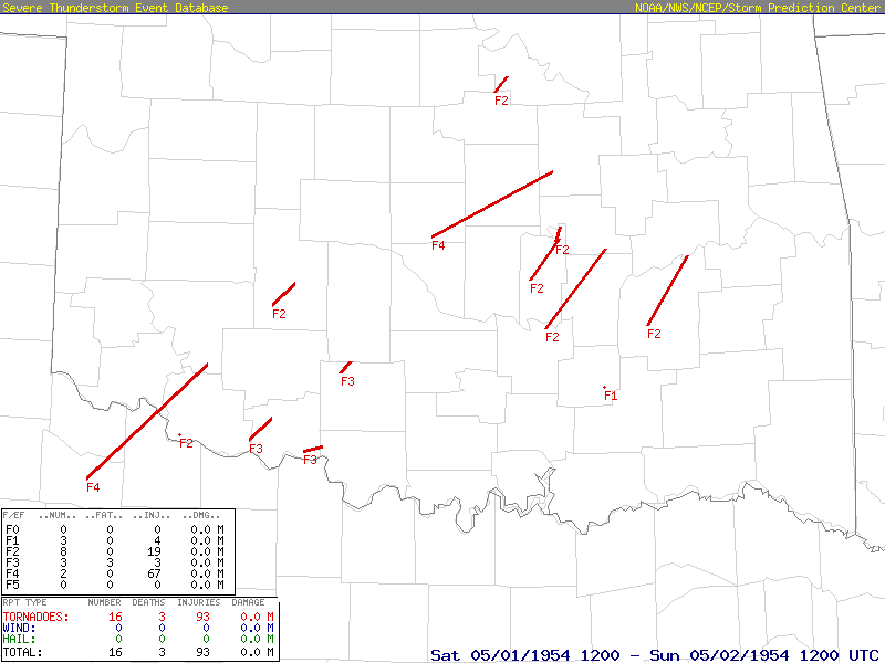 May 1, 1954 Oklahoma Tornado Outbreak Map