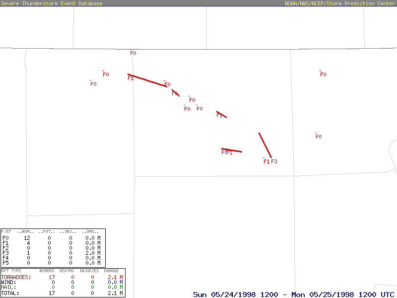 Tornado Path Map for the May 24, 1998 Tornadoes