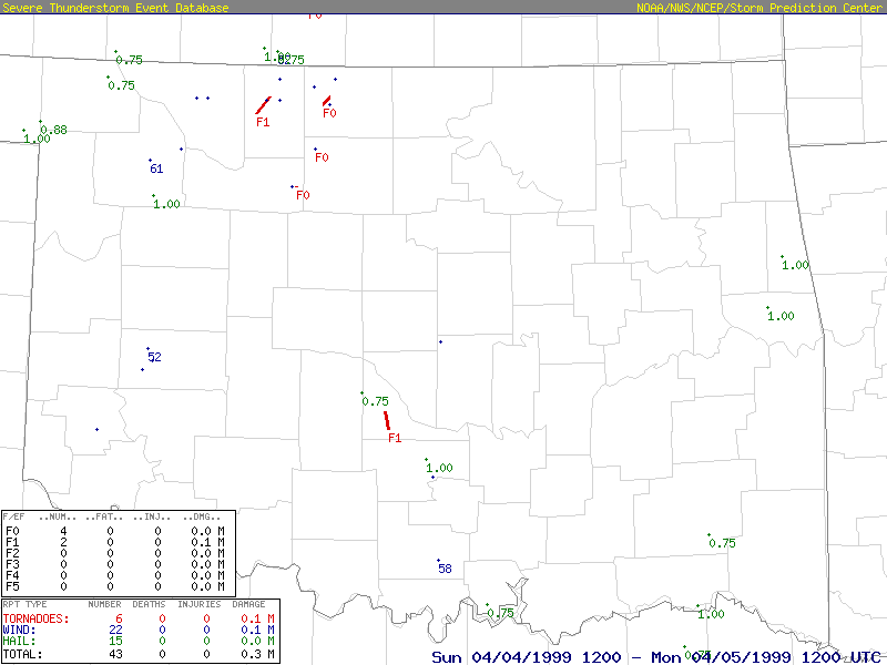 NWS Norman Storm Reports for 6 AM CST April 4, 1999 - 6 AM CST April 5, 1999