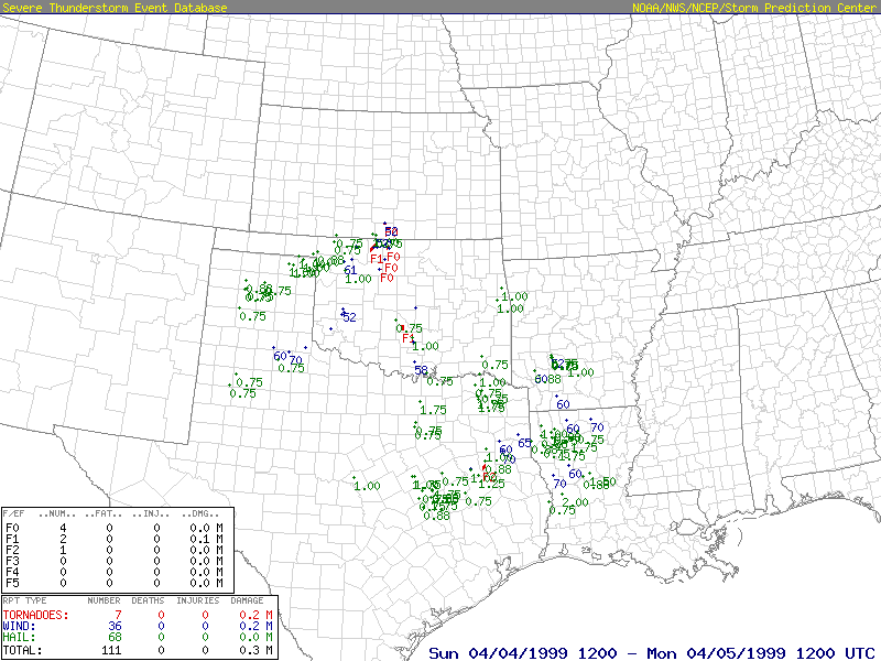 SPC Storm Reports for 6 AM CST April 4, 1999 - 6 AM CST April 5, 1999