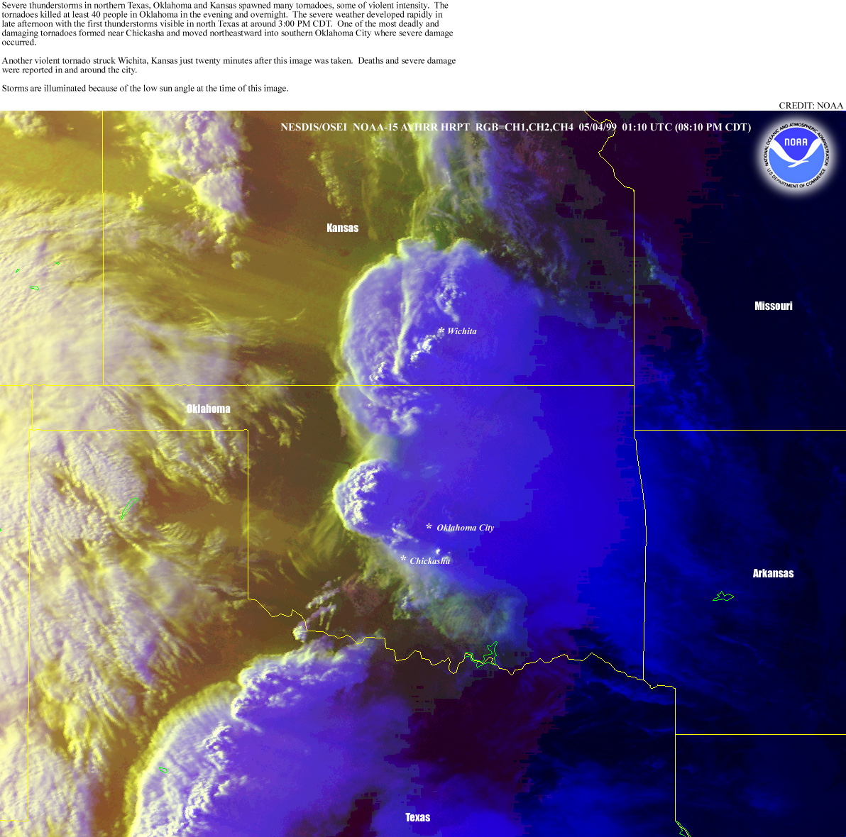 NOAA-15 Polar Orbiter Satellite Polar Orbiter with a False Color Image at 8:10 PM CDT on May 3, 1999