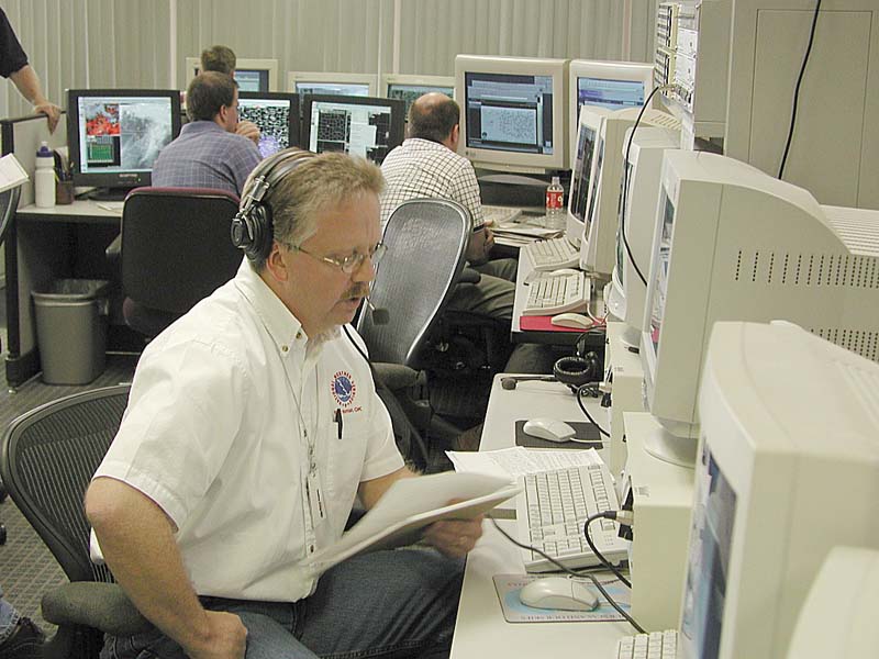 Warning Coordination Meteorologist Rick Smith gives a live weather briefing regarding the developing severe weather situation at 2:35 PM CDT, 5/08/2003.