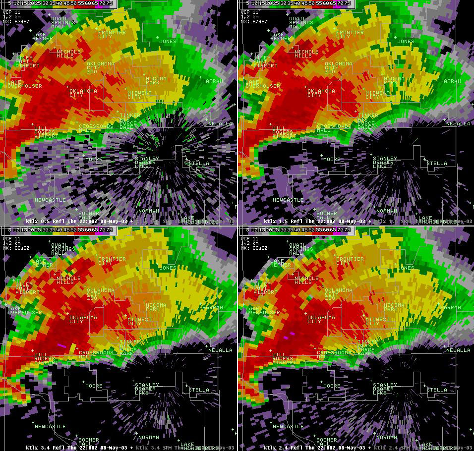 Twin Lakes, OK (KTLX) 4-panel Radar Reflectivity Display for 5:00 pm CDT, 5/08/2003