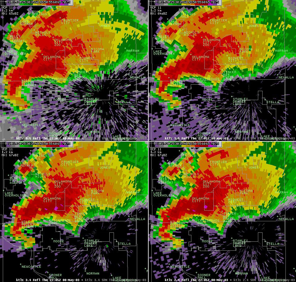 Twin Lakes, OK (KTLX) 4-panel Radar Reflectivity Display for 5:05 pm CDT, 5/08/2003