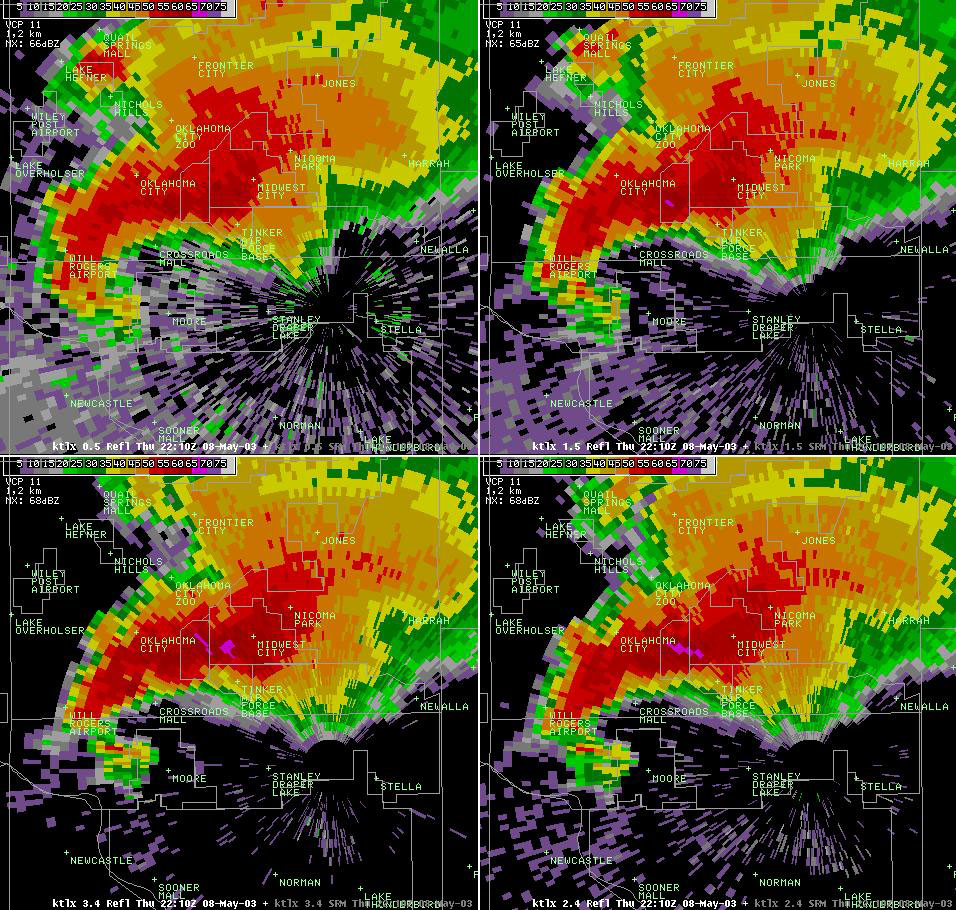 Twin Lakes, OK (KTLX) 4-panel Radar Reflectivity Display for 5:10 pm CDT, 5/08/2003