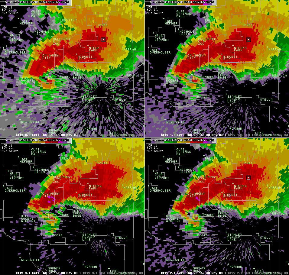 Twin Lakes, OK (KTLX) 4-panel Radar Reflectivity Display for 5:15 pm CDT, 5/08/2003