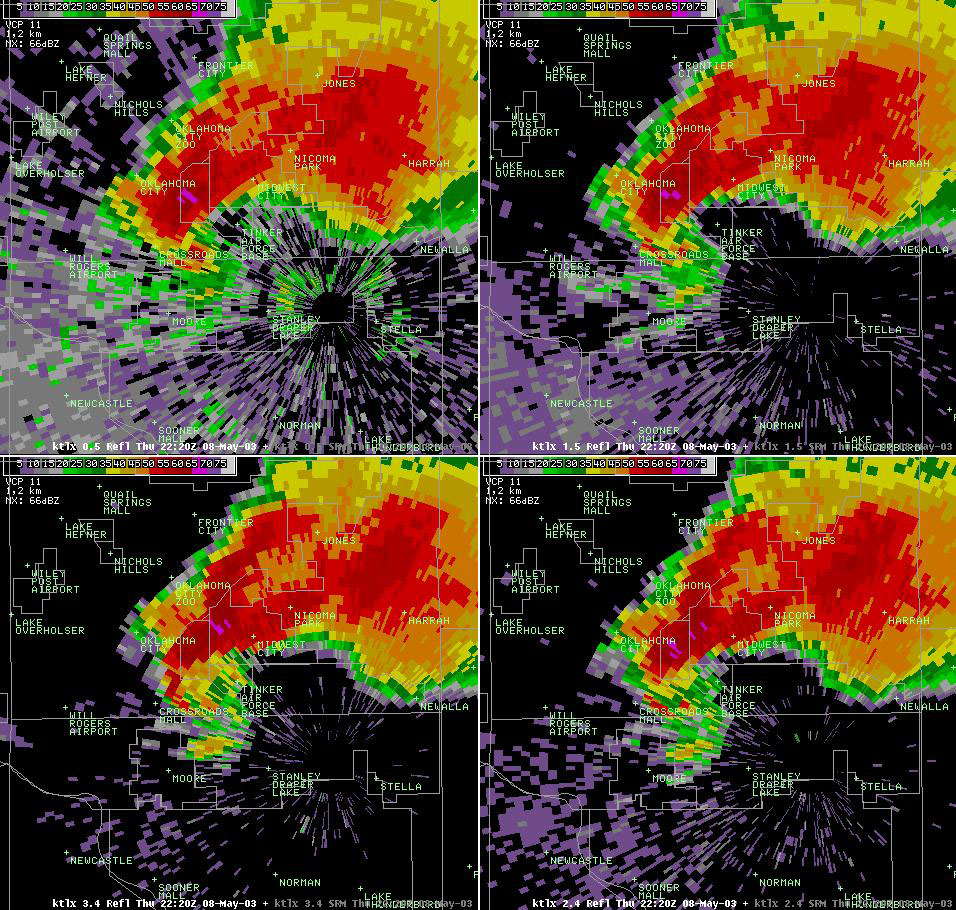 Twin Lakes, OK (KTLX) 4-panel Radar Reflectivity Display for 5:20 pm CDT, 5/08/2003