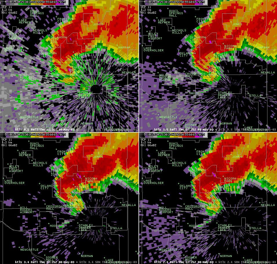 Twin Lakes, OK (KTLX) 4-panel Radar Reflectivity Display for 5:25 pm CDT, 5/08/2003