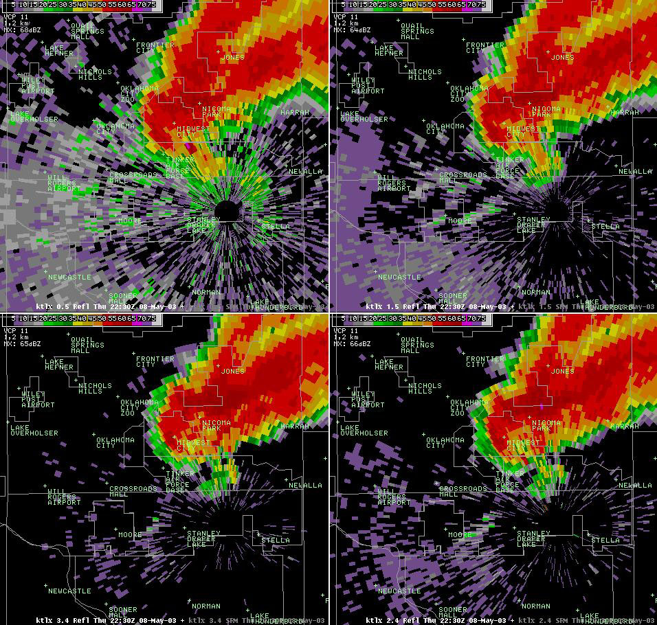 Twin Lakes, OK (KTLX) 4-panel Radar Reflectivity Display for 5:30 pm CDT, 5/08/2003