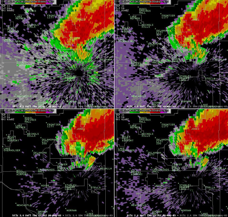 Twin Lakes, OK (KTLX) 4-panel Radar Reflectivity Display for 5:35 pm CDT, 5/08/2003