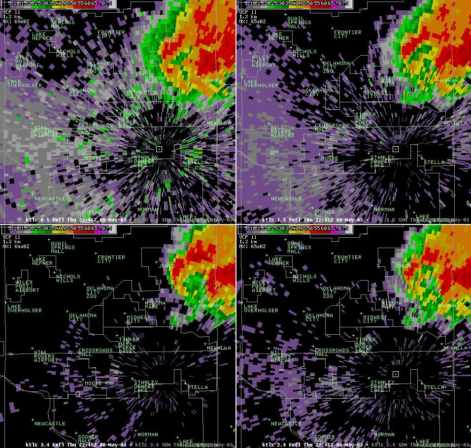 Twin Lakes, OK (KTLX) 4-panel Radar Reflectivity Display for 5:45 pm CDT, 5/08/2003