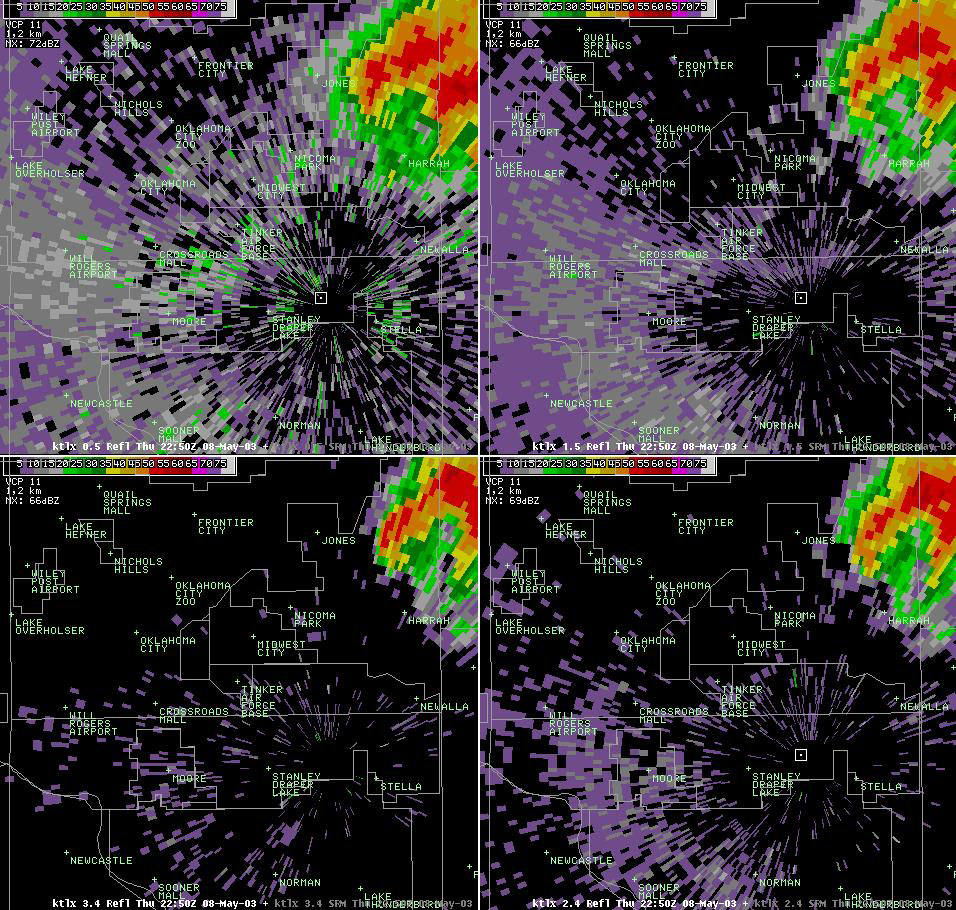 Twin Lakes, OK (KTLX) 4-panel Radar Reflectivity Display for 5:50 pm CDT, 5/08/2003