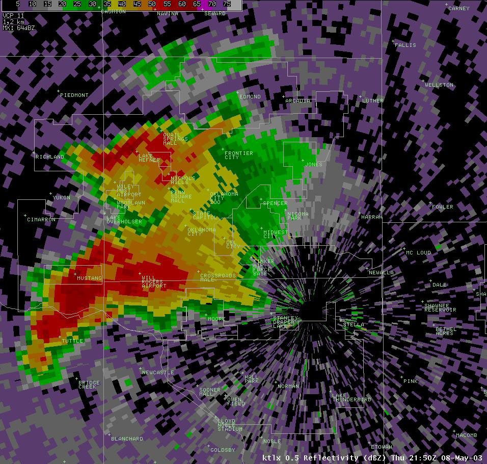 Twin Lakes, OK (KTLX) Radar Reflectivity Display for 4:50 pm CDT, 5/08/2003