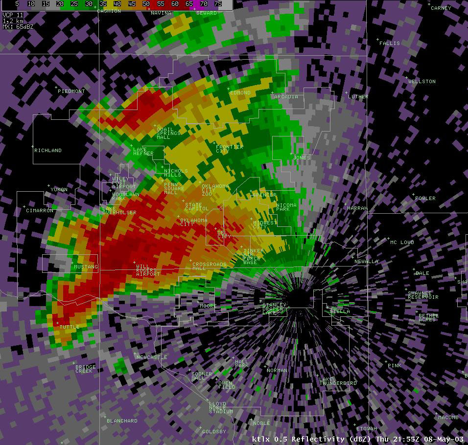 Twin Lakes, OK (KTLX) Radar Reflectivity Display for 4:55 pm CDT, 5/08/2003