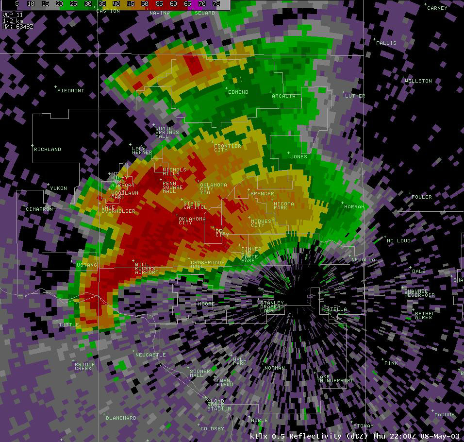 Twin Lakes, OK (KTLX) Radar Reflectivity Display for 5:00 pm CDT, 5/08/2003